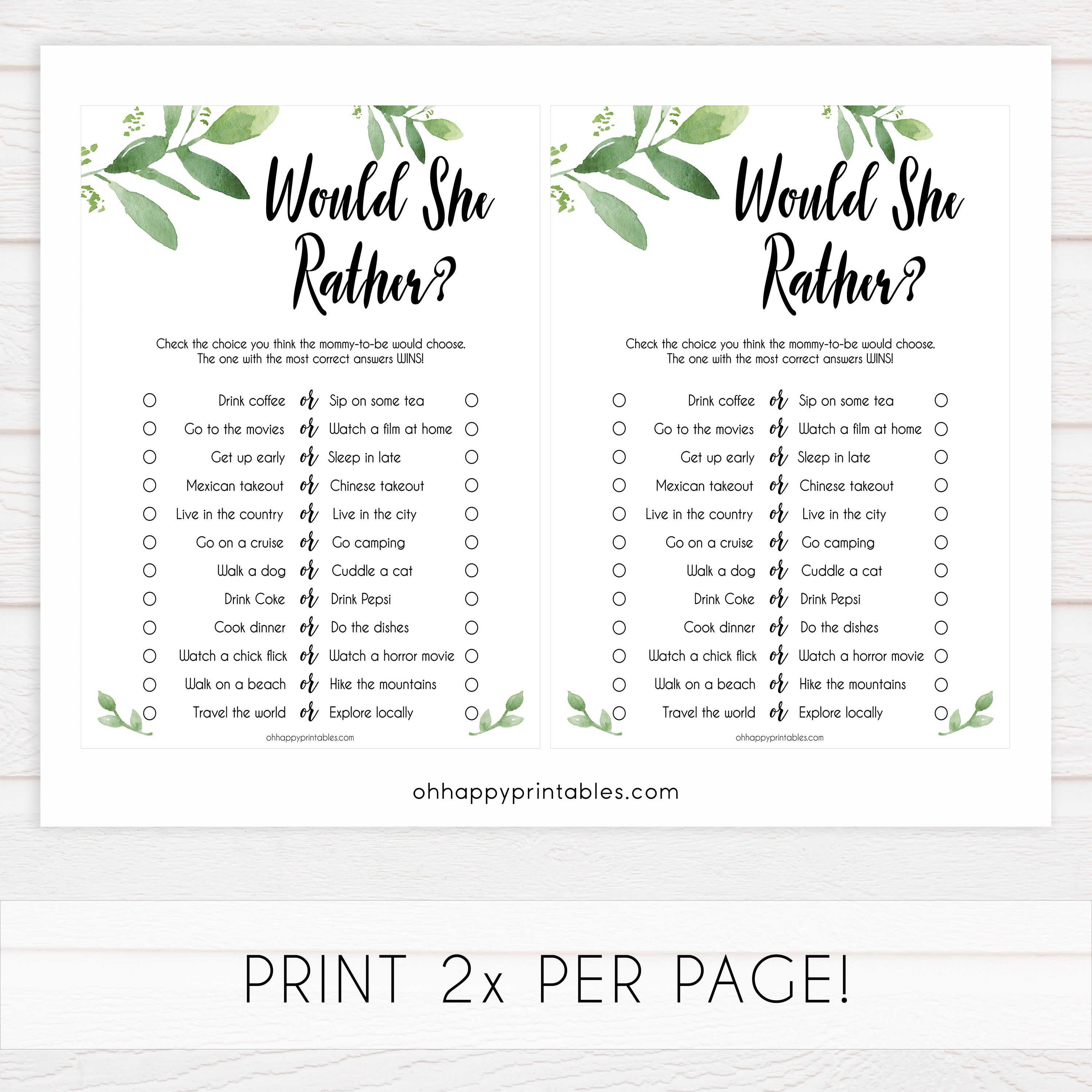 would she rather baby game, baby would she rather, Printable baby shower games, botanical baby shower games, floral baby shower ideas, fun baby shower ideas