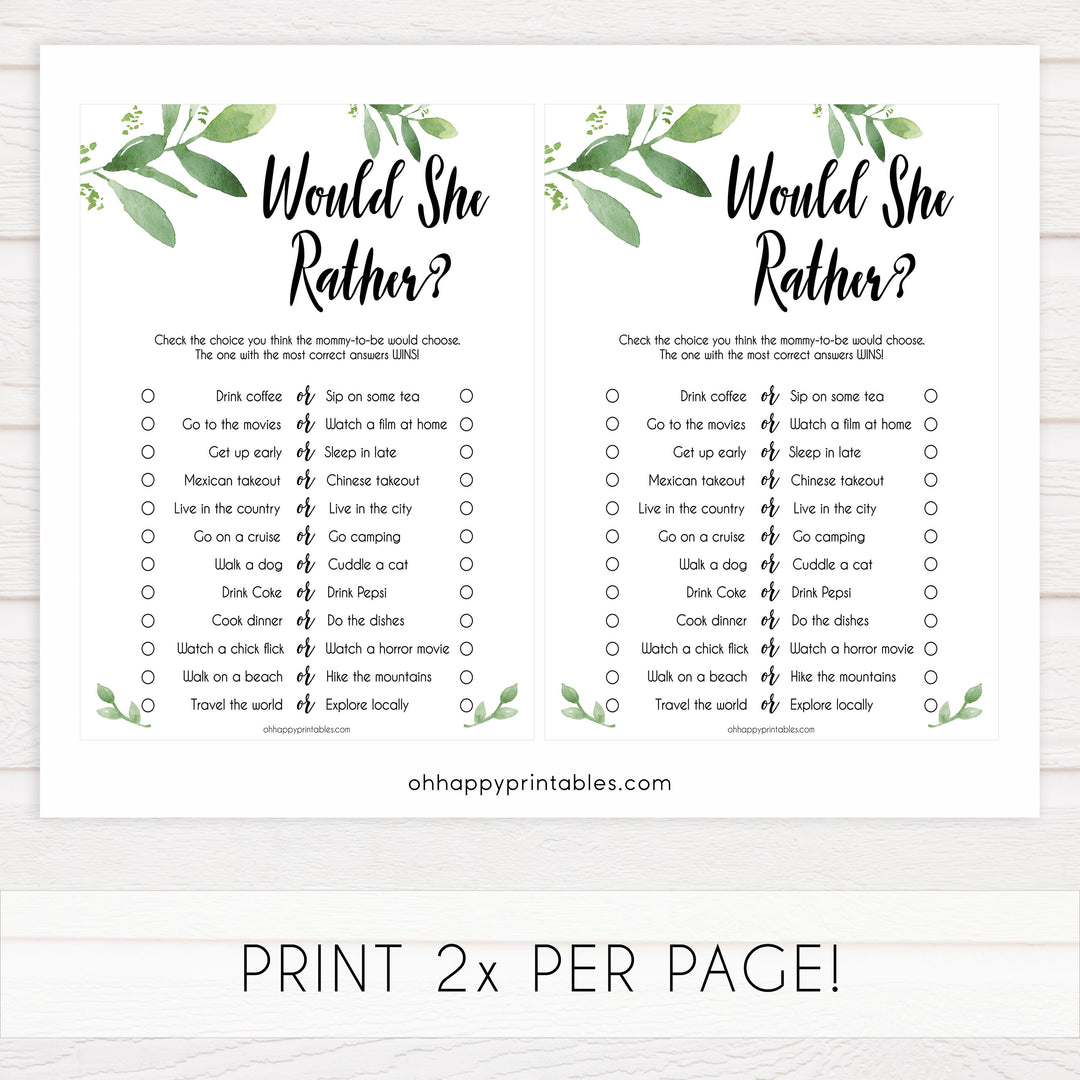 would she rather baby game, baby would she rather, Printable baby shower games, botanical baby shower games, floral baby shower ideas, fun baby shower ideas