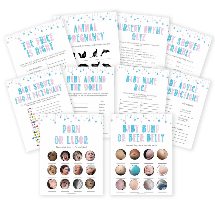 Gender reveal baby games, 10 baby shower games bundles, gender reveal shower, fun baby games, gender reveal ideas, popular baby games, best baby games, printable baby games, gender reveal baby games