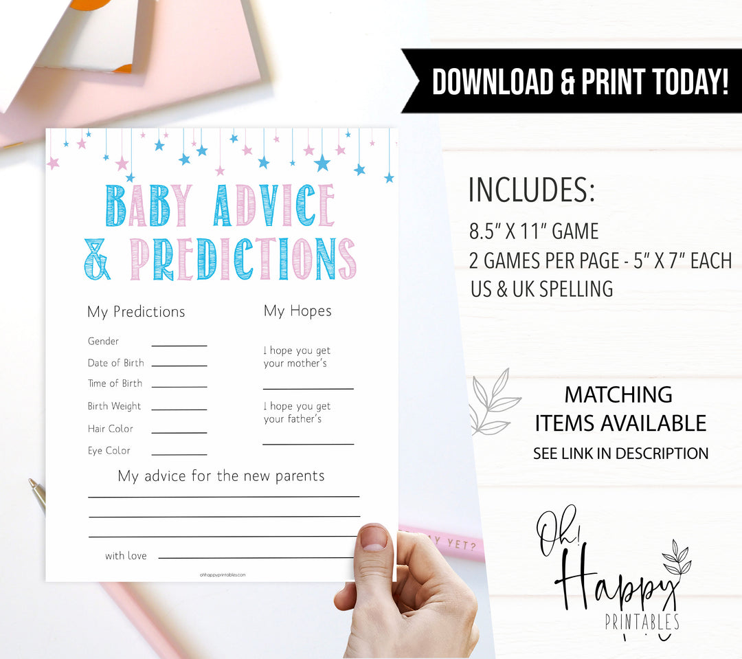 Gender reveal baby games, baby advice and predictions baby game, gender reveal shower, fun baby games, gender reveal ideas, popular baby games, best baby games, printable baby games, gender reveal baby games
