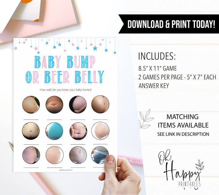 Gender reveal baby games, baby bump or beer belly baby game, gender reveal shower, fun baby games, gender reveal ideas, popular baby games, best baby games, printable baby games, gender reveal baby games