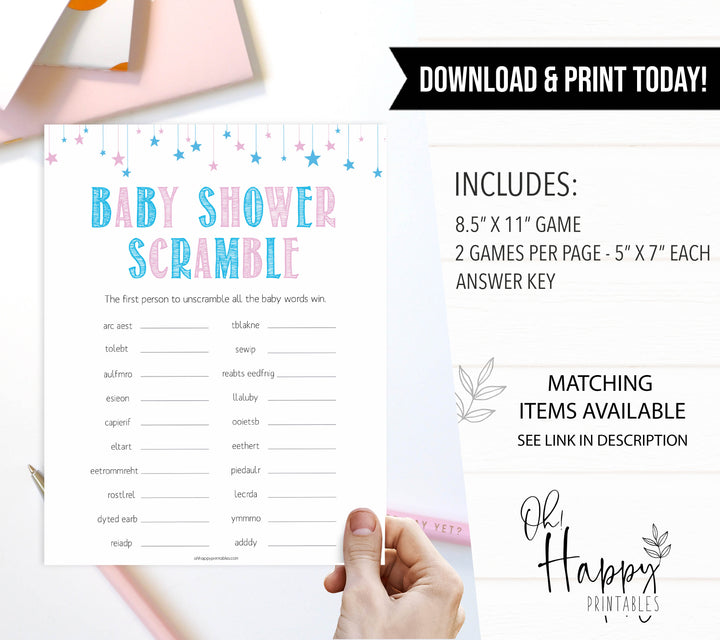 Gender reveal baby games, baby Scramble baby game, gender reveal shower, fun baby games, gender reveal ideas, popular baby games, best baby games, printable baby games, gender reveal baby games