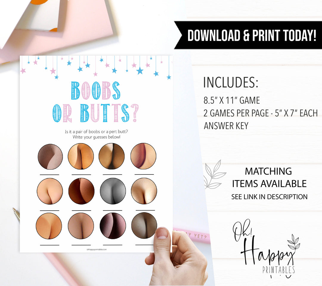 Gender reveal baby games, boobs or butts baby game, gender reveal shower, fun baby games, gender reveal ideas, popular baby games, best baby games, printable baby games, gender reveal baby games