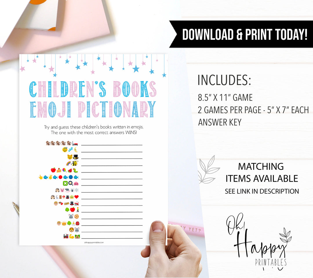 Gender reveal baby games, childrens books emoji pictionary baby game, gender reveal shower, fun baby games, gender reveal ideas, popular baby games, best baby games, printable baby games, gender reveal baby games