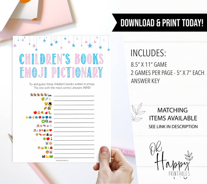 Gender reveal baby games, childrens books emoji pictionary baby game, gender reveal shower, fun baby games, gender reveal ideas, popular baby games, best baby games, printable baby games, gender reveal baby games
