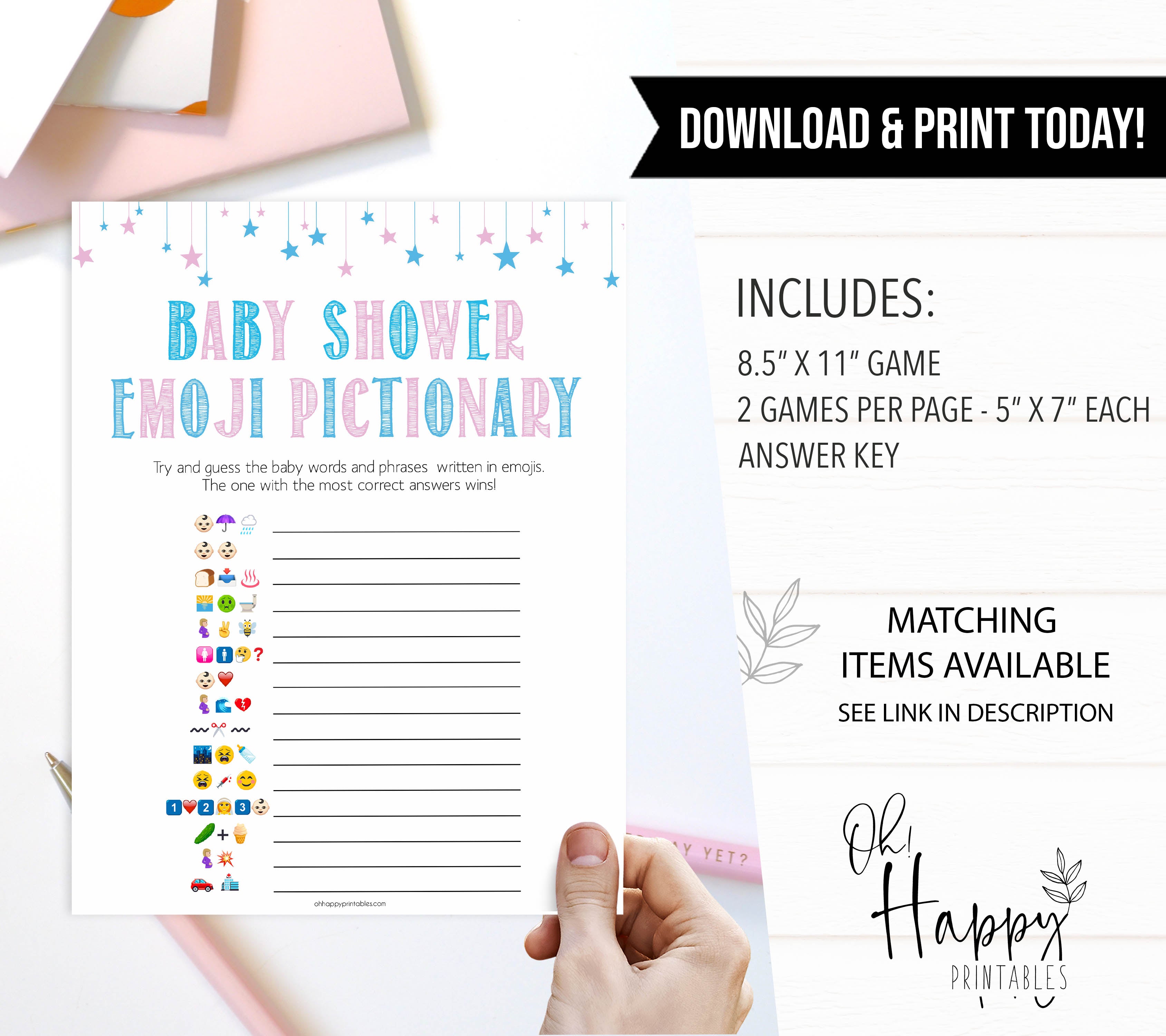 Gender reveal baby games, emoji pictionary baby game, gender reveal shower, fun baby games, gender reveal ideas, popular baby games, best baby games, printable baby games, gender reveal baby games