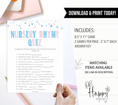 Gender reveal baby games, nursery rhyme quiz baby game, gender reveal shower, fun baby games, gender reveal ideas, popular baby games, best baby games, printable baby games, gender reveal baby games