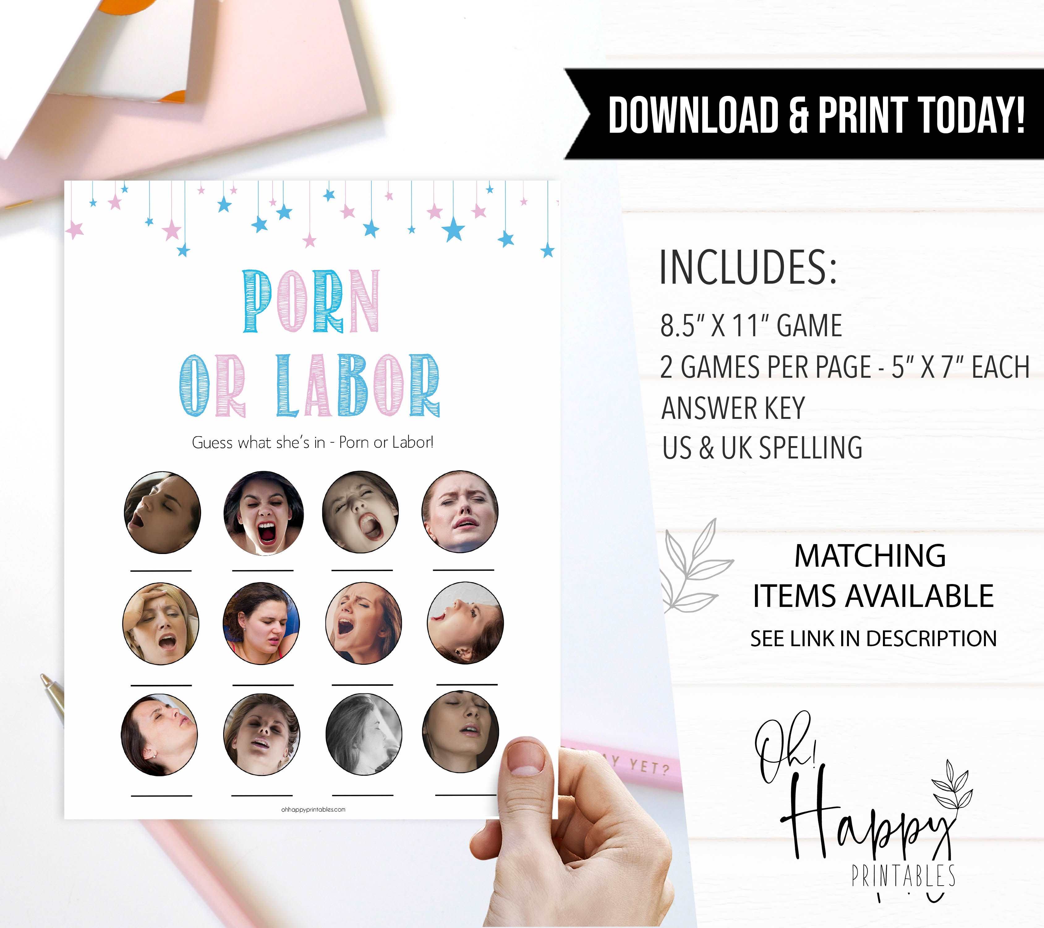 Gender reveal baby games, labor or porn, baby bump or beer belly, boobs or butts, printable baby shower games, fun baby games, top baby games, best baby games, baby shower games