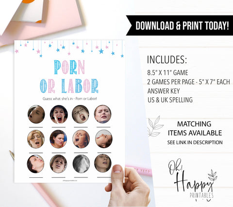 Gender reveal baby games, labor or porn baby game, porn or labour gender reveal shower, fun baby games, gender reveal ideas, popular baby games, best baby games, printable baby games, gender reveal baby games