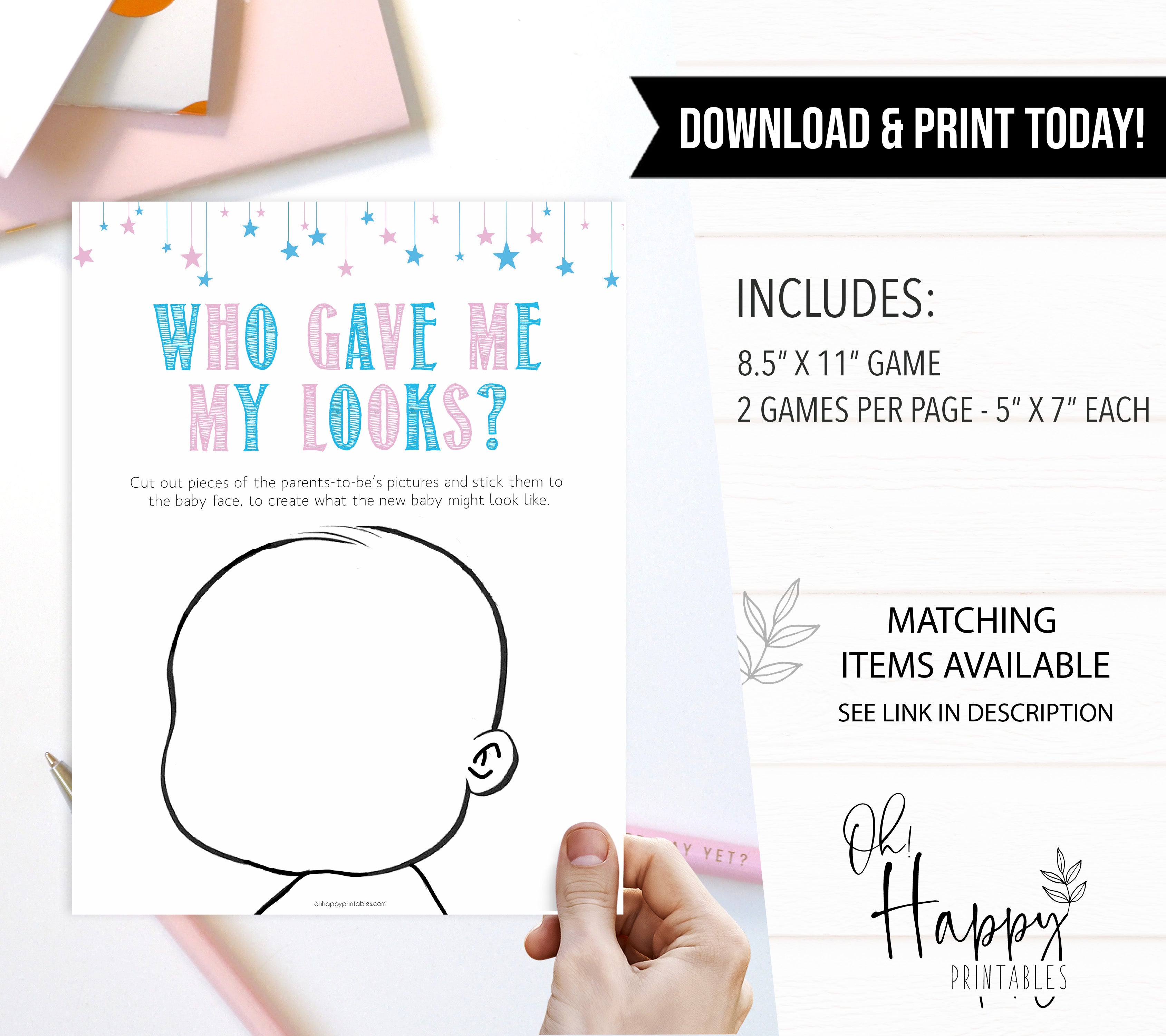 Gender reveal baby games, my looks baby game, gender reveal shower, fun baby games, gender reveal ideas, popular baby games, best baby games, printable baby games, gender reveal baby games
