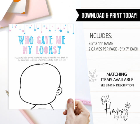 Gender reveal baby games, my looks baby game, gender reveal shower, fun baby games, gender reveal ideas, popular baby games, best baby games, printable baby games, gender reveal baby games