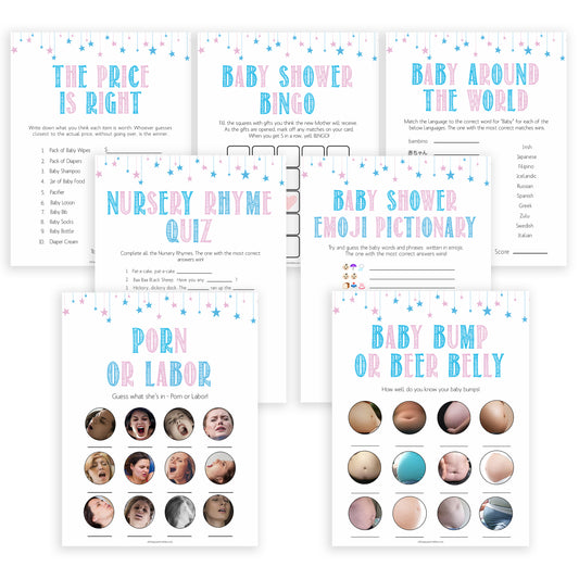 Gender reveal baby games, 7 baby shower games bundles, gender reveal shower, fun baby games, gender reveal ideas, popular baby games, best baby games, printable baby games, gender reveal baby games