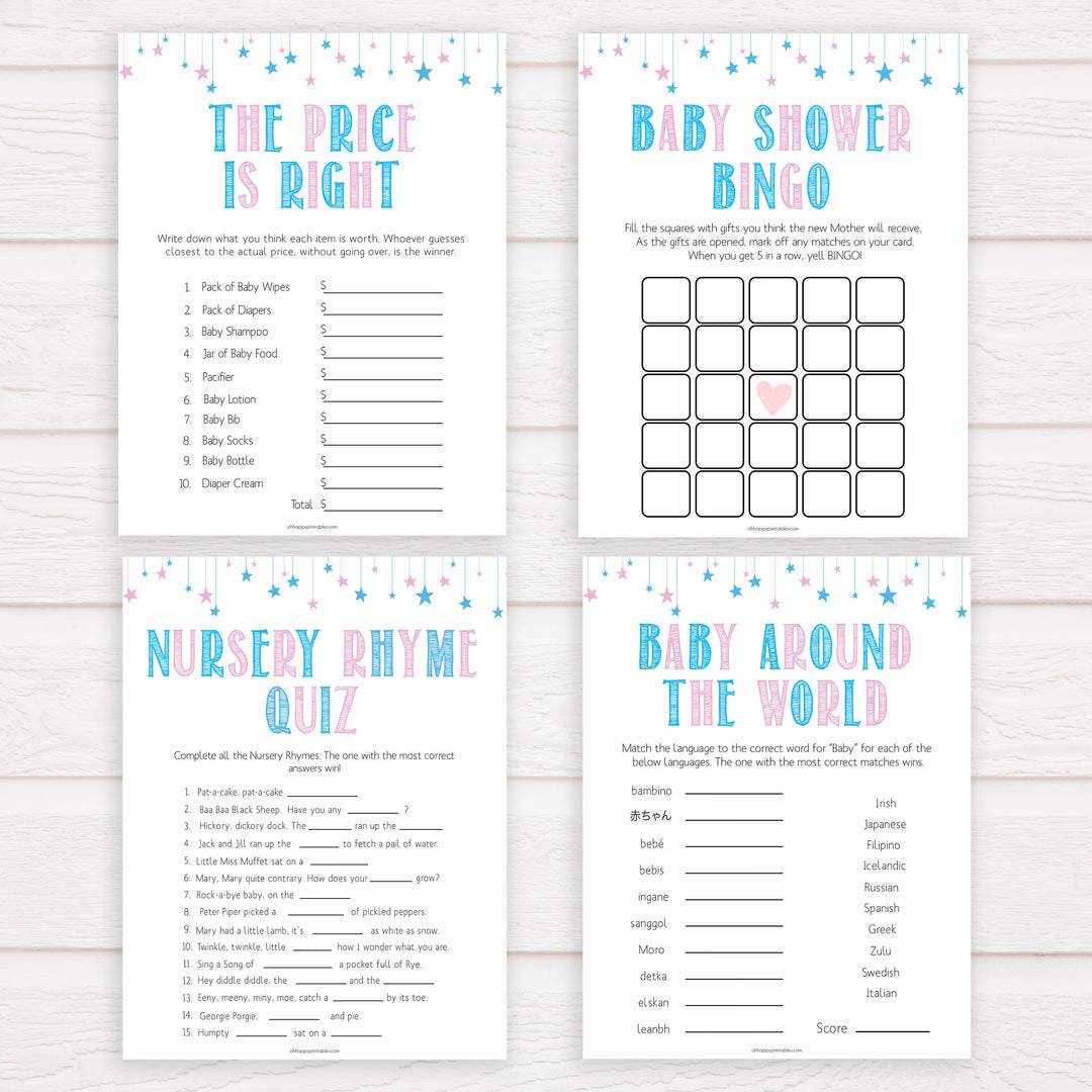 Gender reveal baby games, 7 baby shower games bundles, gender reveal shower, fun baby games, gender reveal ideas, popular baby games, best baby games, printable baby games, gender reveal baby games