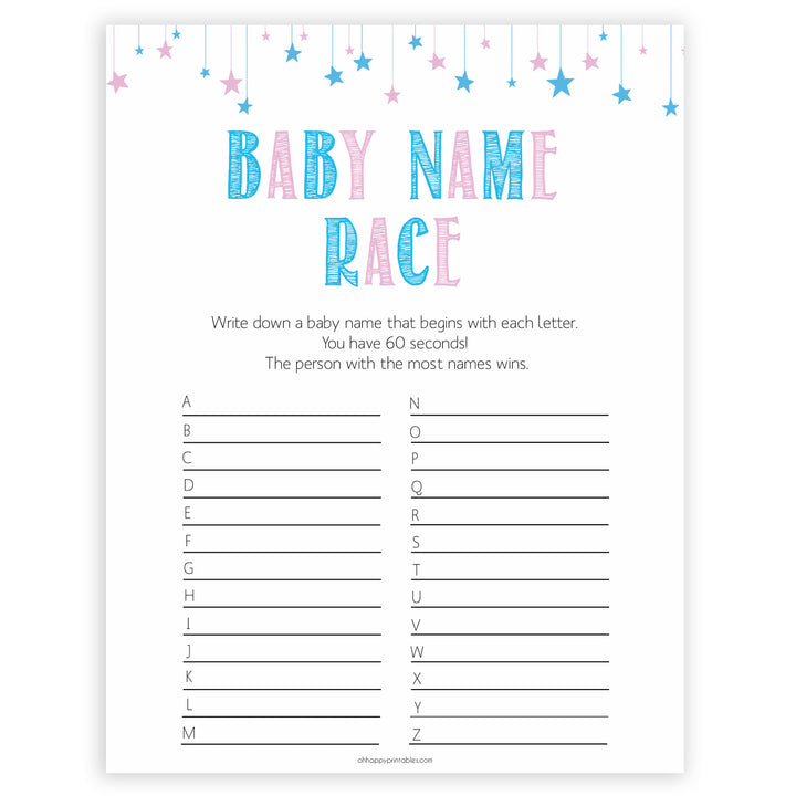 Gender reveal baby games, baby name race baby game, gender reveal shower, fun baby games, gender reveal ideas, popular baby games, best baby games, printable baby games, gender reveal baby games