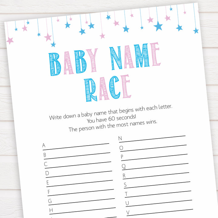 Gender reveal baby games, baby name race baby game, gender reveal shower, fun baby games, gender reveal ideas, popular baby games, best baby games, printable baby games, gender reveal baby games