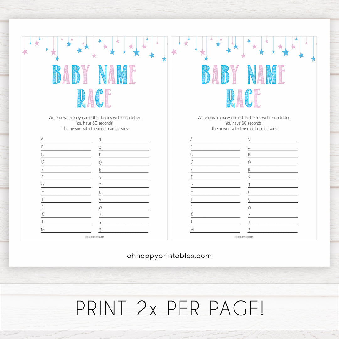 Gender reveal baby games, baby name race baby game, gender reveal shower, fun baby games, gender reveal ideas, popular baby games, best baby games, printable baby games, gender reveal baby games