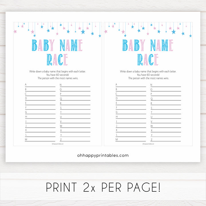 Gender reveal baby games, baby name race baby game, gender reveal shower, fun baby games, gender reveal ideas, popular baby games, best baby games, printable baby games, gender reveal baby games