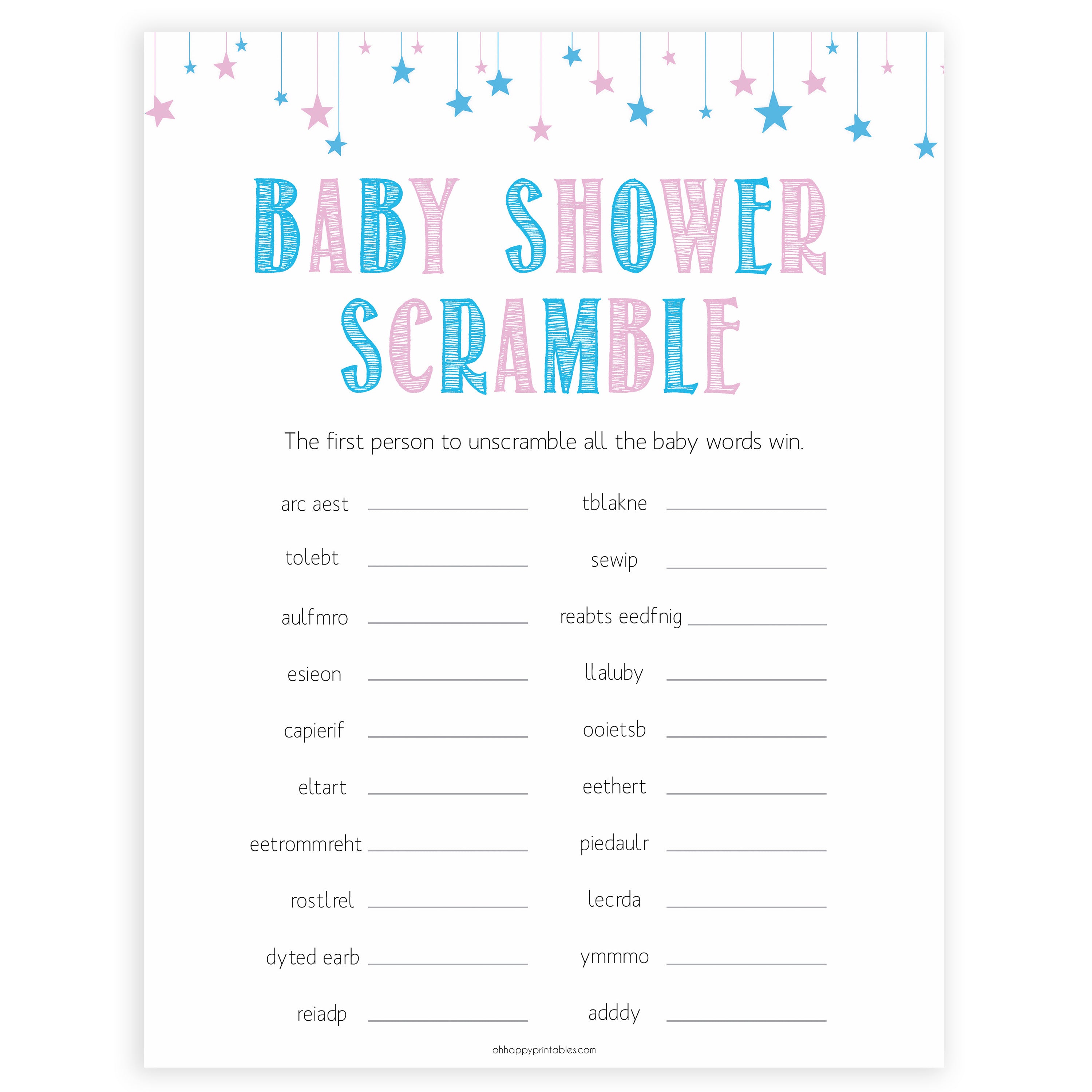 Gender reveal baby games, baby Scramble baby game, gender reveal shower, fun baby games, gender reveal ideas, popular baby games, best baby games, printable baby games, gender reveal baby games