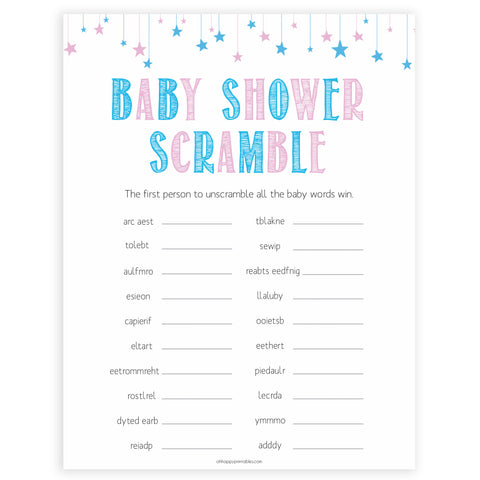 Gender reveal baby games, baby Scramble baby game, gender reveal shower, fun baby games, gender reveal ideas, popular baby games, best baby games, printable baby games, gender reveal baby games