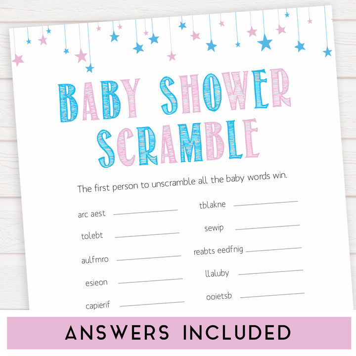Gender reveal baby games, baby Scramble baby game, gender reveal shower, fun baby games, gender reveal ideas, popular baby games, best baby games, printable baby games, gender reveal baby games