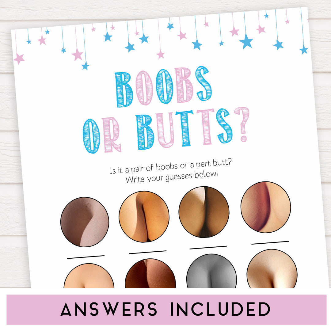 Gender reveal baby games, boobs or butts baby game, gender reveal shower, fun baby games, gender reveal ideas, popular baby games, best baby games, printable baby games, gender reveal baby games