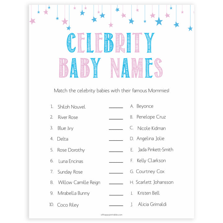 Gender reveal baby games, celebrity baby names baby game, gender reveal shower, fun baby games, gender reveal ideas, popular baby games, best baby games, printable baby games, gender reveal baby games