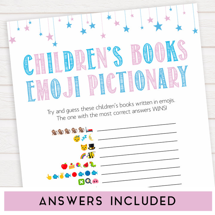 Gender reveal baby games, childrens books emoji pictionary baby game, gender reveal shower, fun baby games, gender reveal ideas, popular baby games, best baby games, printable baby games, gender reveal baby games