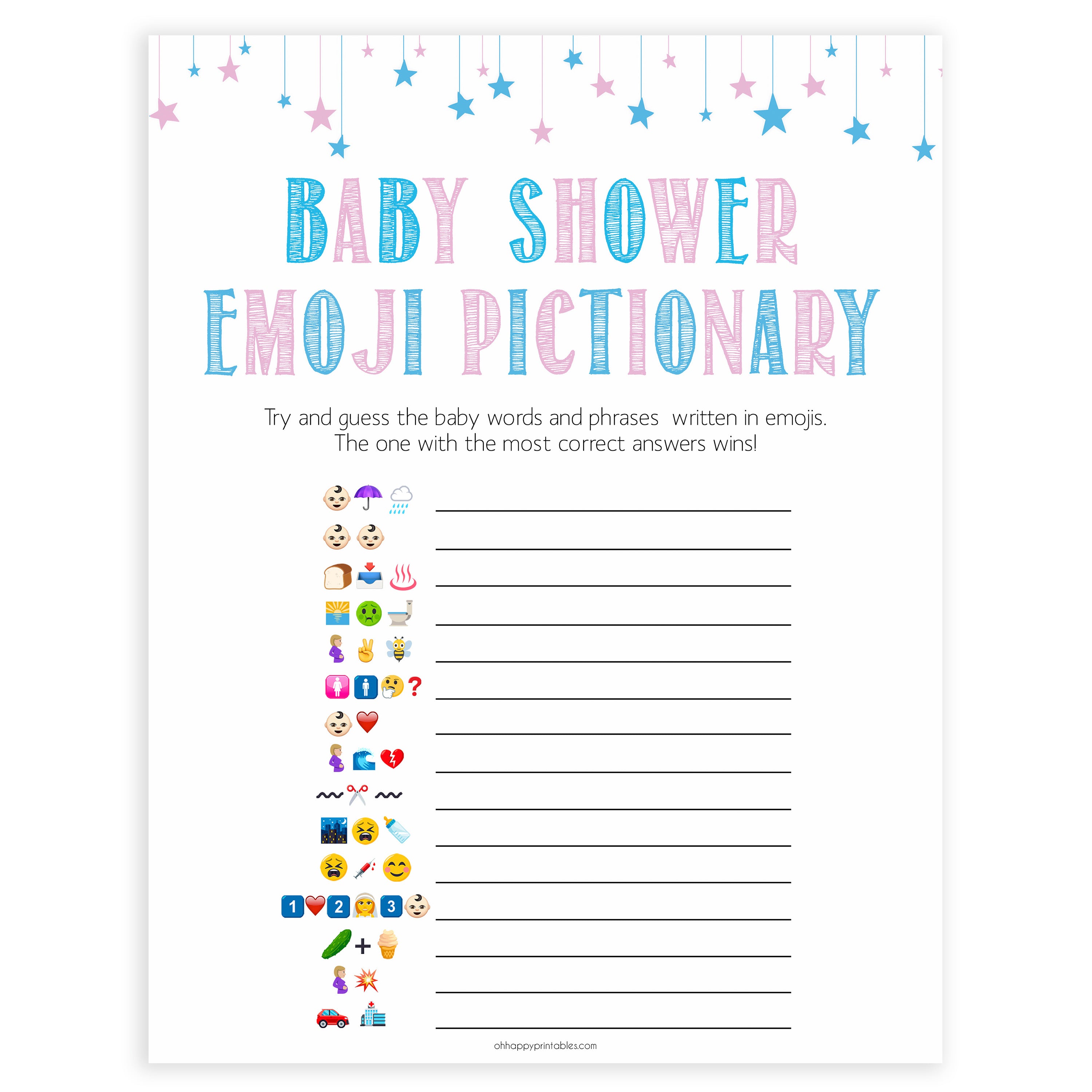 Gender reveal baby games, emoji pictionary baby game, gender reveal shower, fun baby games, gender reveal ideas, popular baby games, best baby games, printable baby games, gender reveal baby games