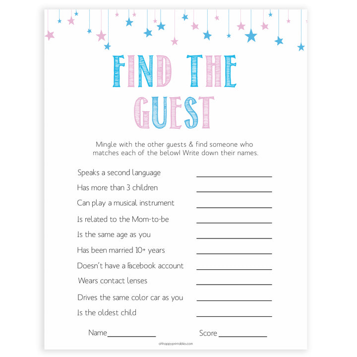 Gender reveal baby games, find the guest baby game, gender reveal shower, fun baby games, gender reveal ideas, popular baby games, best baby games, printable baby games, gender reveal baby games
