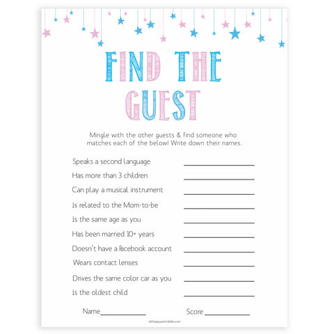 Gender reveal baby games, find the guest baby game, gender reveal shower, fun baby games, gender reveal ideas, popular baby games, best baby games, printable baby games, gender reveal baby games