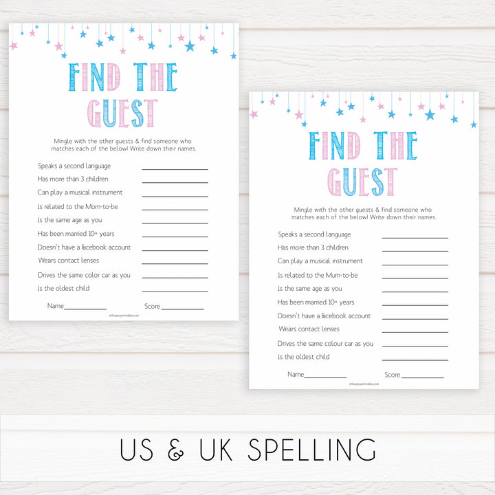 Gender reveal baby games, find the guest baby game, gender reveal shower, fun baby games, gender reveal ideas, popular baby games, best baby games, printable baby games, gender reveal baby games