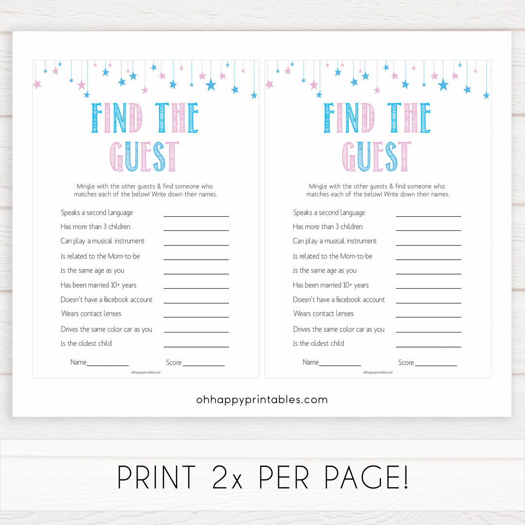 Gender reveal baby games, find the guest baby game, gender reveal shower, fun baby games, gender reveal ideas, popular baby games, best baby games, printable baby games, gender reveal baby games