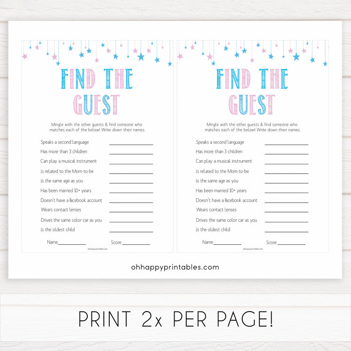 Gender reveal baby games, find the guest baby game, gender reveal shower, fun baby games, gender reveal ideas, popular baby games, best baby games, printable baby games, gender reveal baby games