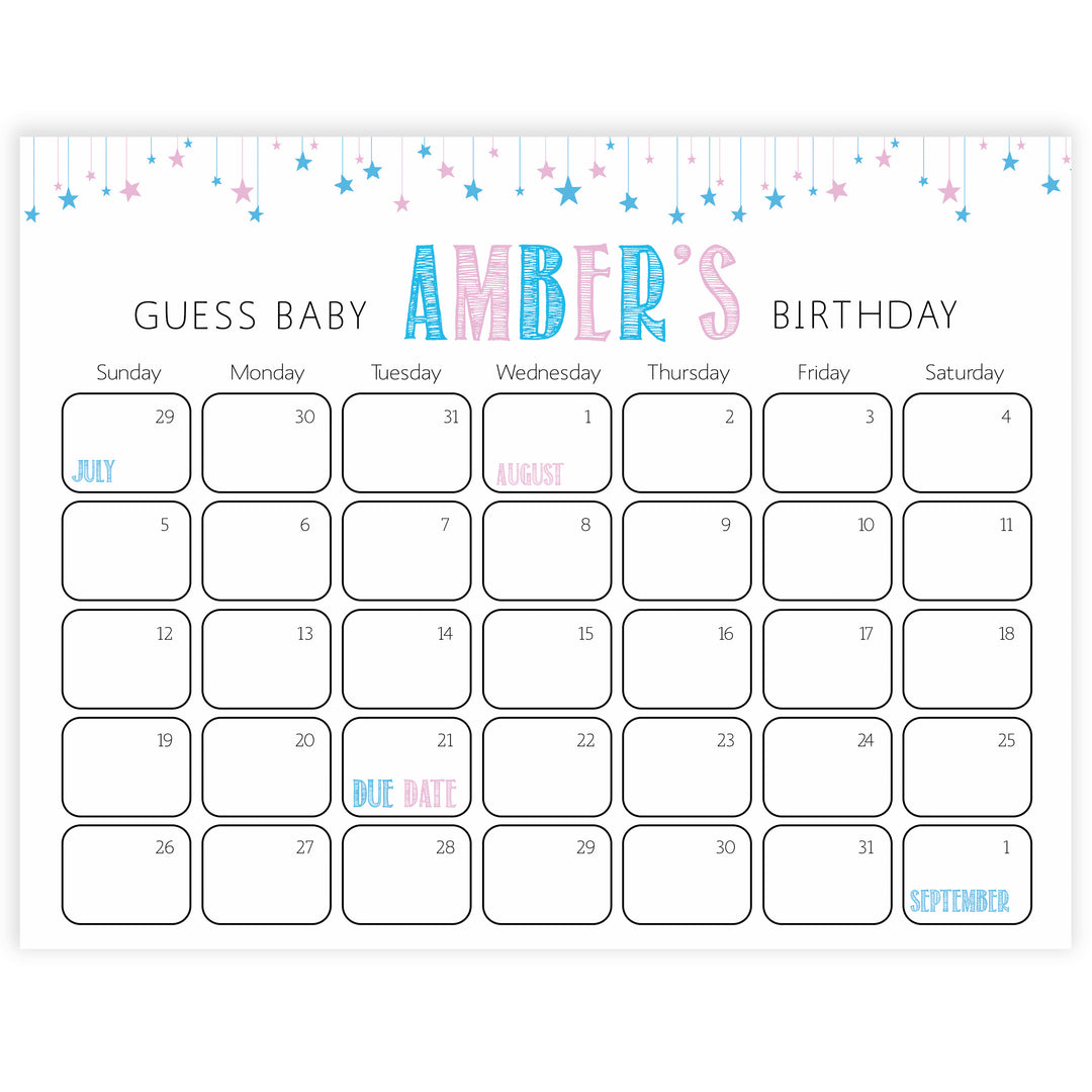 guess the baby birthday game, baby birthday predictions game, printable baby shower games, gender reveal baby shower games, baby reveal ideas 