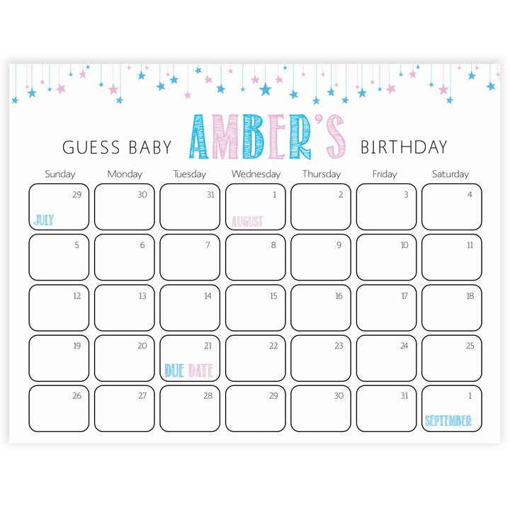guess the baby birthday game, baby birthday predictions game, printable baby shower games, gender reveal baby shower games, baby reveal ideas 
