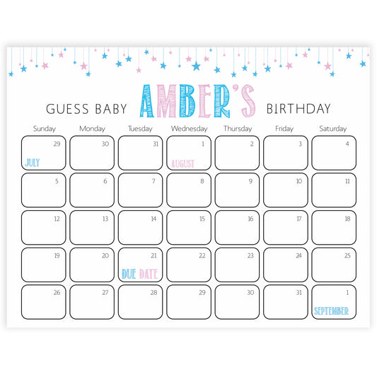 guess the baby birthday game, baby birthday predictions game, printable baby shower games, gender reveal baby shower games, baby reveal ideas 