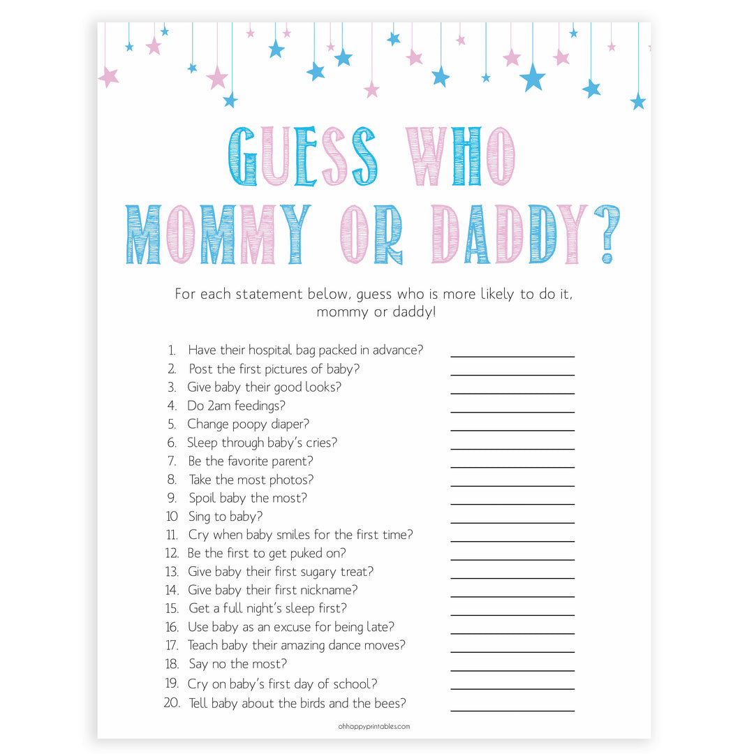 Gender reveal baby games, guess who mommy and daddy baby game, gender reveal shower, fun baby games, gender reveal ideas, popular baby games, best baby games, printable baby games, gender reveal baby games