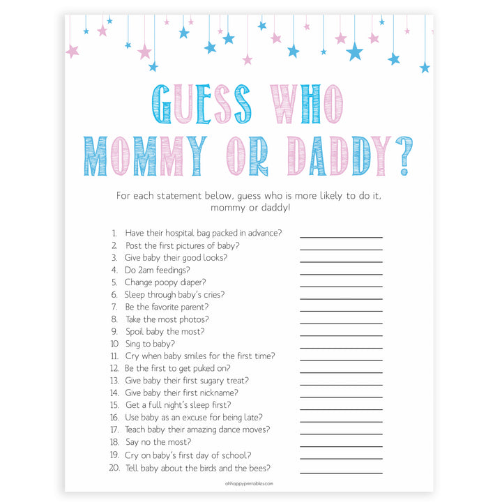 Gender reveal baby games, guess who mommy and daddy baby game, gender reveal shower, fun baby games, gender reveal ideas, popular baby games, best baby games, printable baby games, gender reveal baby games