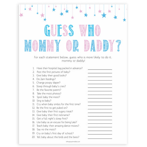 Gender reveal baby games, guess who mommy and daddy baby game, gender reveal shower, fun baby games, gender reveal ideas, popular baby games, best baby games, printable baby games, gender reveal baby games