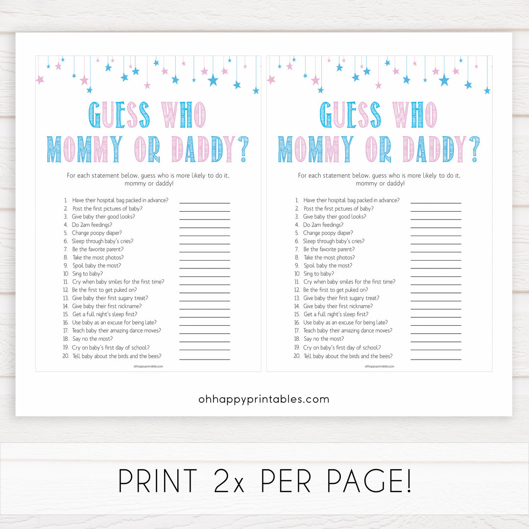 Gender reveal baby games, guess who mommy and daddy baby game, gender reveal shower, fun baby games, gender reveal ideas, popular baby games, best baby games, printable baby games, gender reveal baby games