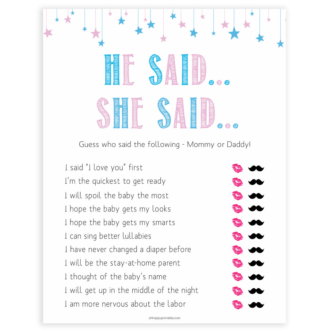 Gender reveal baby games, he said she said baby game, gender reveal shower, fun baby games, gender reveal ideas, popular baby games, best baby games, printable baby games, gender reveal baby games