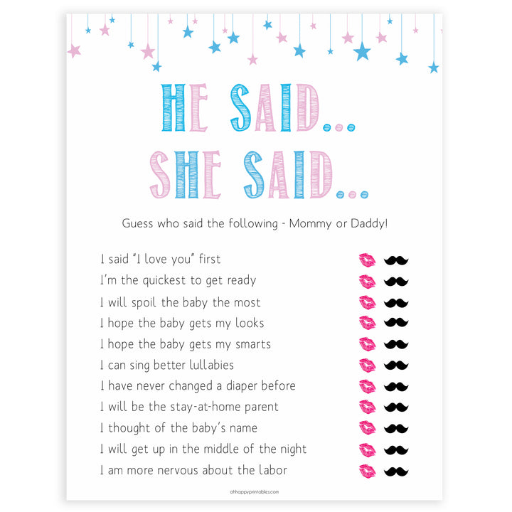 Gender reveal baby games, he said she said baby game, gender reveal shower, fun baby games, gender reveal ideas, popular baby games, best baby games, printable baby games, gender reveal baby games