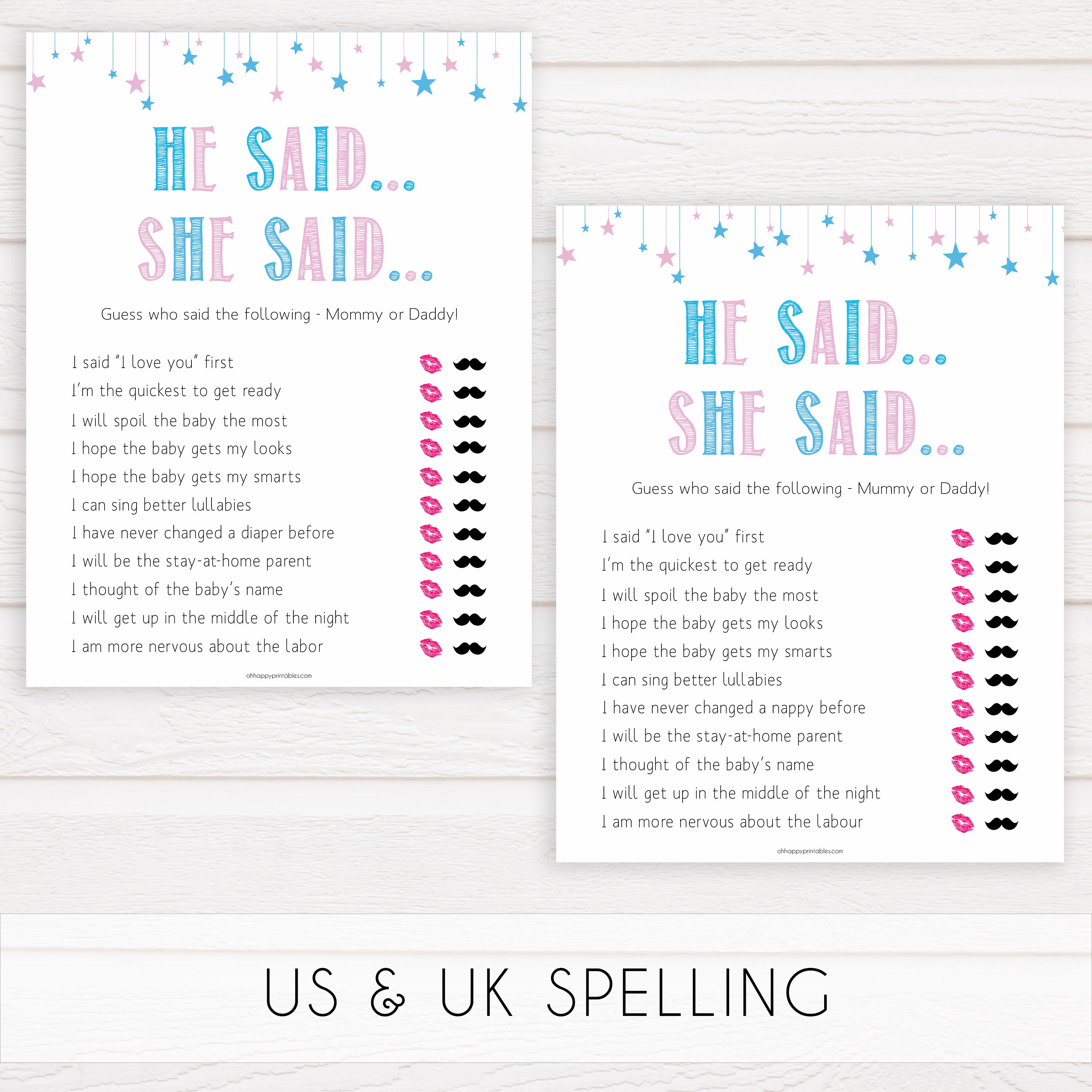 Gender reveal baby games, he said she said baby game, gender reveal shower, fun baby games, gender reveal ideas, popular baby games, best baby games, printable baby games, gender reveal baby games