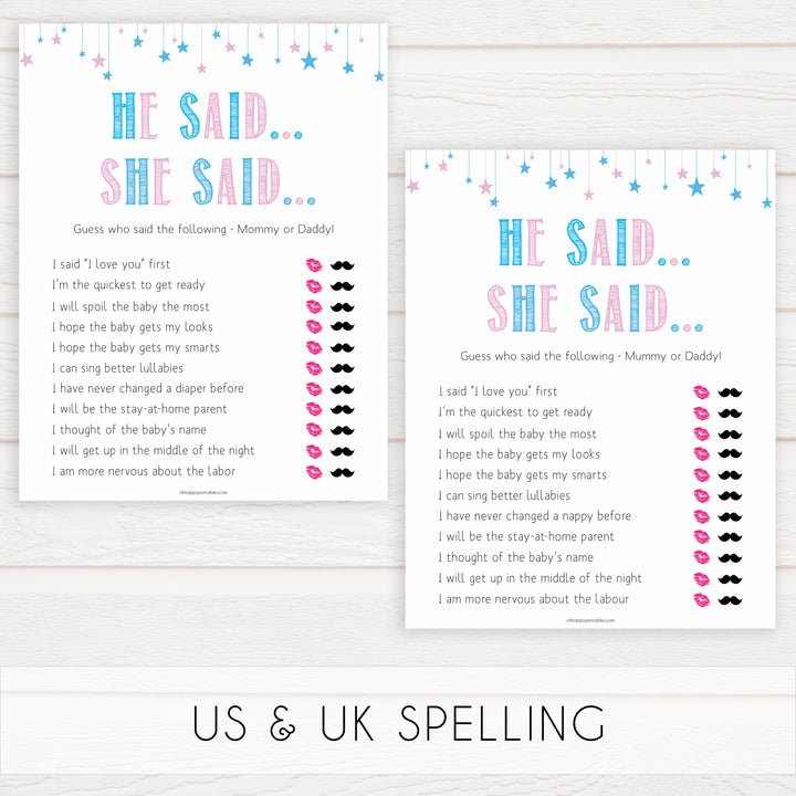 Gender reveal baby games, he said she said baby game, gender reveal shower, fun baby games, gender reveal ideas, popular baby games, best baby games, printable baby games, gender reveal baby games