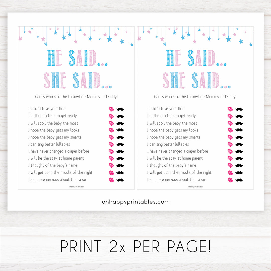 Gender reveal baby games, he said she said baby game, gender reveal shower, fun baby games, gender reveal ideas, popular baby games, best baby games, printable baby games, gender reveal baby games
