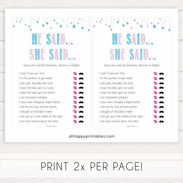 Gender reveal baby games, he said she said baby game, gender reveal shower, fun baby games, gender reveal ideas, popular baby games, best baby games, printable baby games, gender reveal baby games