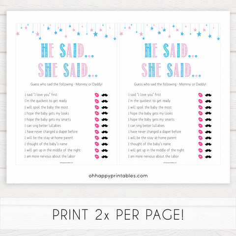 Gender reveal baby games, he said she said baby game, gender reveal shower, fun baby games, gender reveal ideas, popular baby games, best baby games, printable baby games, gender reveal baby games