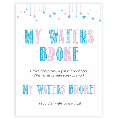 Gender reveal baby games, my waters broke baby game, gender reveal shower, fun baby games, gender reveal ideas, popular baby games, best baby games, printable baby games, gender reveal baby games