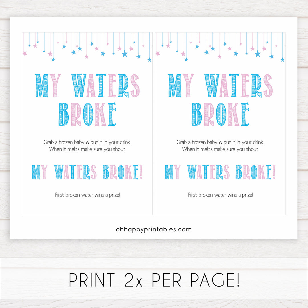 Gender reveal baby games, my waters broke baby game, gender reveal shower, fun baby games, gender reveal ideas, popular baby games, best baby games, printable baby games, gender reveal baby games