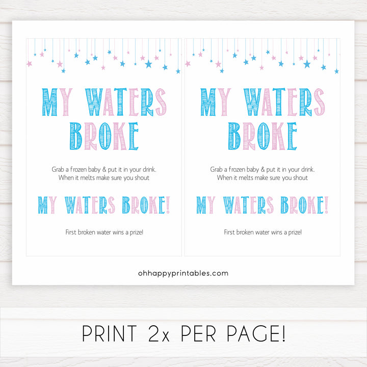 Gender reveal baby games, my waters broke baby game, gender reveal shower, fun baby games, gender reveal ideas, popular baby games, best baby games, printable baby games, gender reveal baby games